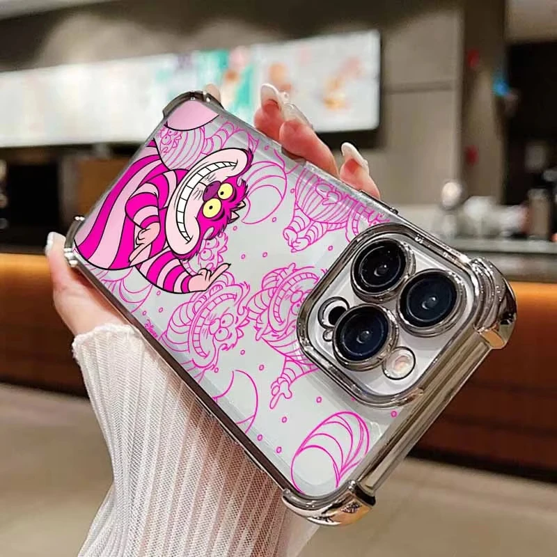 Alice In Wonderland Electroplated Four Corner Phone Case for iPhone 16 E 15 14 13 12 Mini 11 Pro Max XS Max X 7 Plus Hard Cover