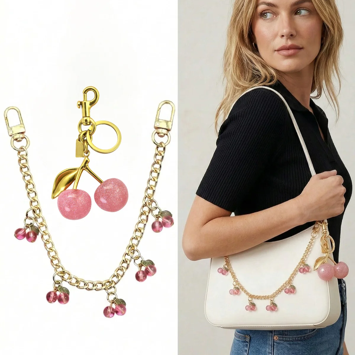 Red Cherry Chain Jewelry Bag Fashion Temperament Glass Stone Hanging Charm Bag Accessories for Stylish Storage And Display