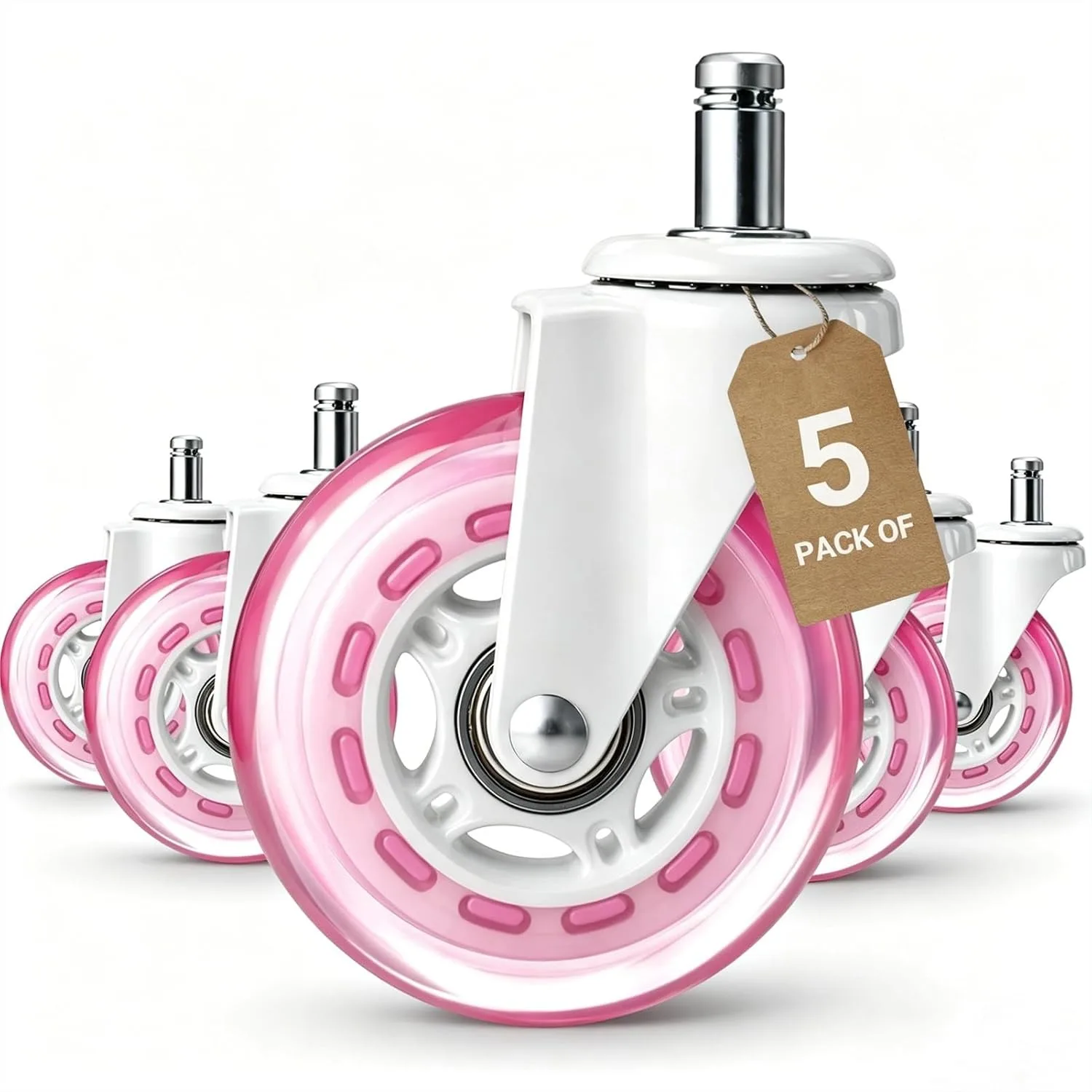 

Pink Office Chair Caster Wheels Set of 5, 3 Inch Heavy-Duty Rubber Casters Replacement for Hardwood Carpet Floors, Universal Fit