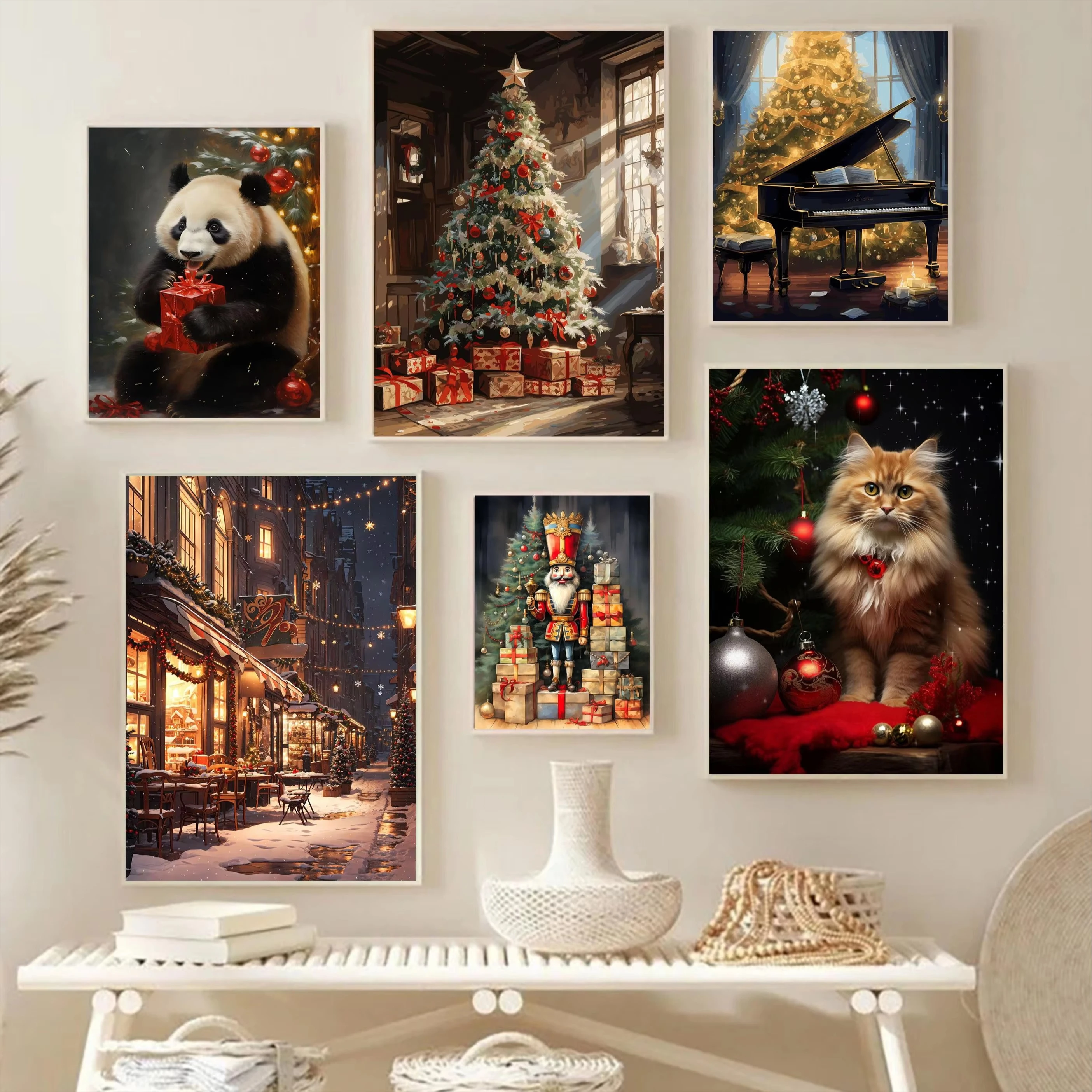 Зимний традиционный рождественский теплый плакат с принтом, классический Санта-Клаус, рождественская елка, подарки, снеговик, холст, картина, домашний декор