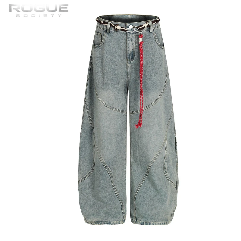American Y2K Summer Retro Baggy Wide Leg Denim Pants Men Washed Deconstructed Curved Stitching Harajuku Streetwear Jeans Unisex