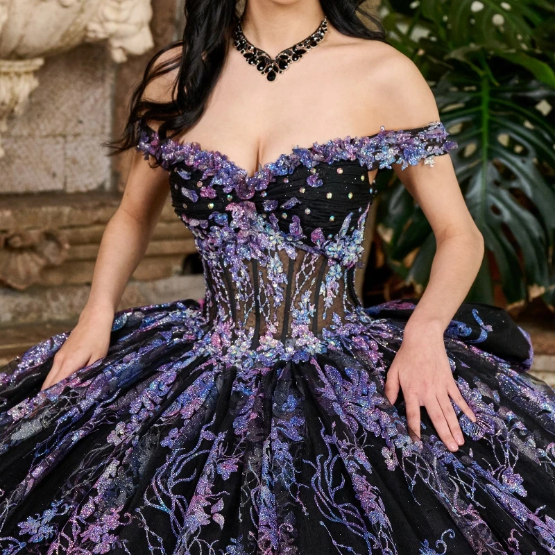 Black Shiny Quinceanera Dress Off The Shoulder Princess Sequin Applique Lace Beads Crystal Bow Tull Sweet 16 Birthday Party Vest