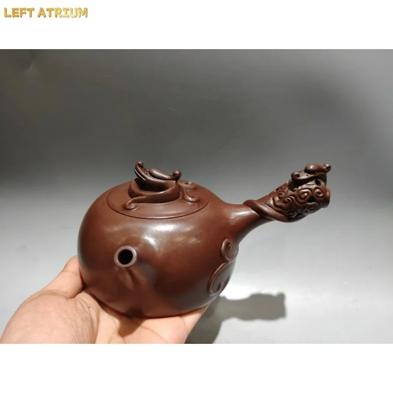 Old Chinese Handicraft Enameled YiXing Zisha (red stoneware) Teapot,A side-handled teapot with an openwork dragon design
