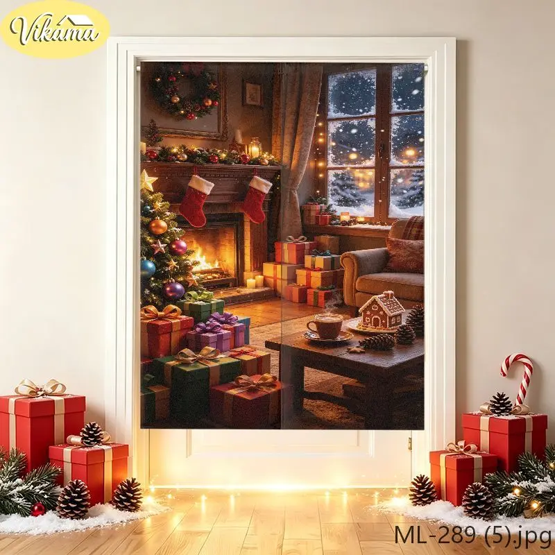 VIKAMA Christmas Door Curtain Cozy Fireplace Living Room HD Print, Easy Hang Festive Door Cover, Winter Holiday Decor