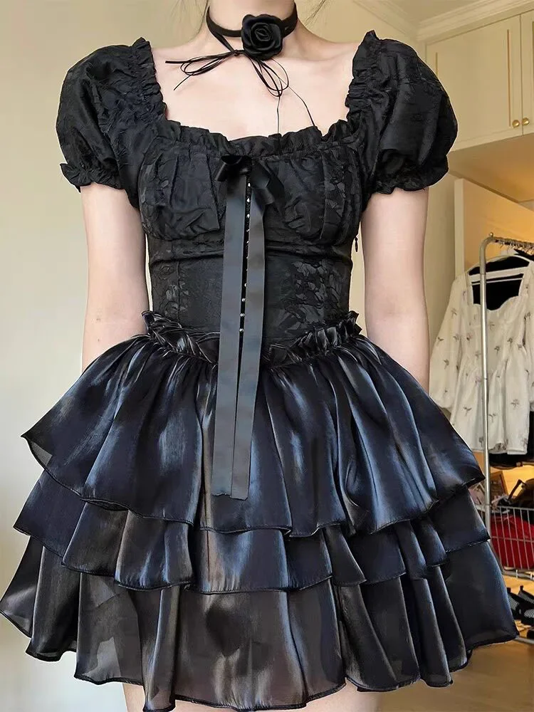 Vestido de baile feminino com renda de colarinho quadrado, vestido Lolita Kawaii preto, estética francesa, elegante coreano aniversário, manga folhada, estética dos anos 2000