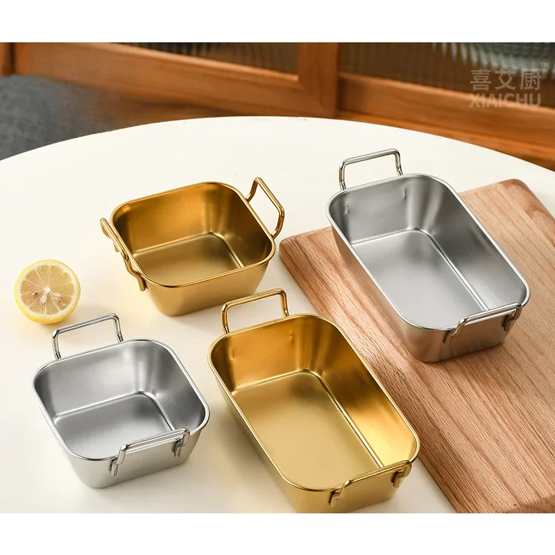 Creative Stainless Steel Thickened Snack Plate Restaurant Household Barbecue Food Storage Basket Square Two-ear Snack Basket