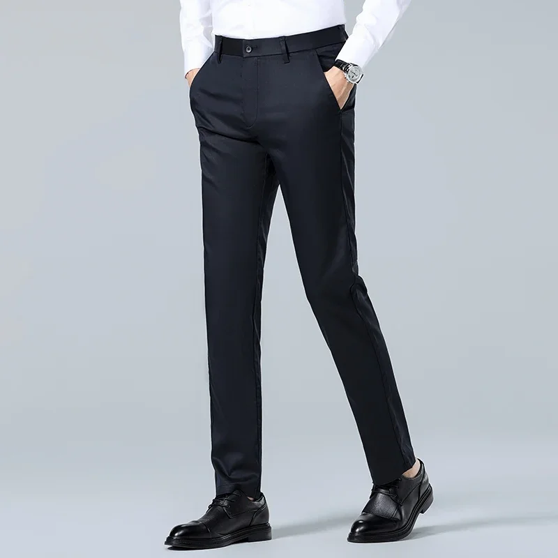 Men's Ice Silk Trousers Summer Slim-fit Ice Silk Fabric Business Office Breathable Straight Pants Casual All-match Men's Wear