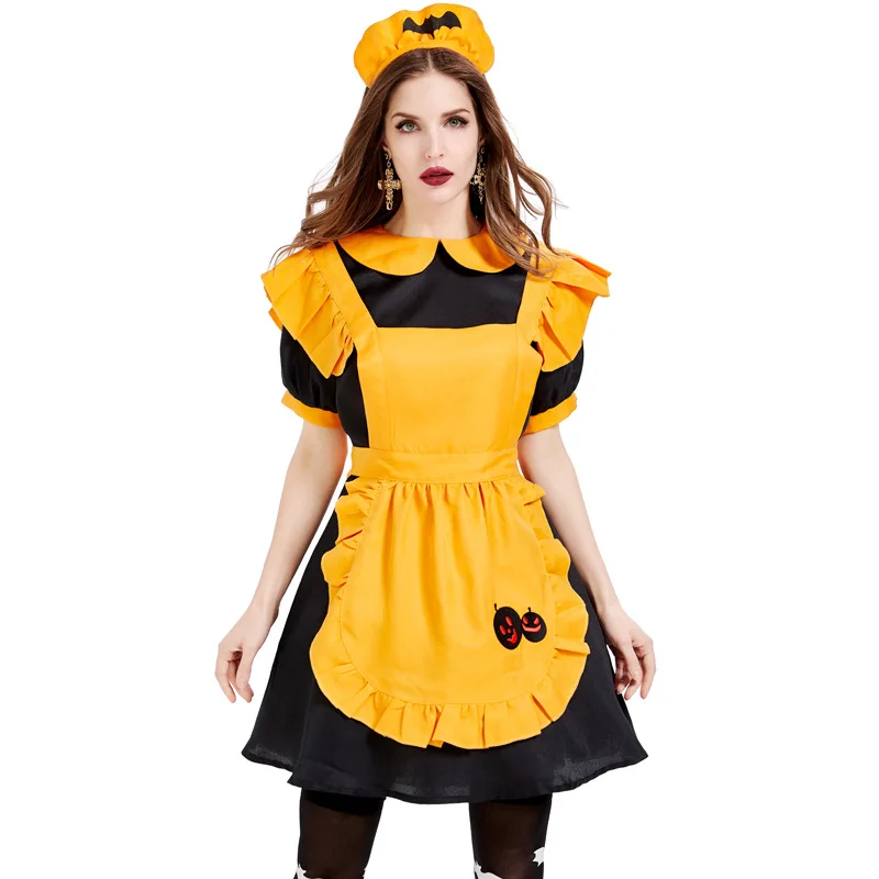 

Phertiful Halloween Costume Cosplay Jack Pumpkin Head Lantern Adult Female Purim Parent-Child Short Sleeved Maid Dress Carnival