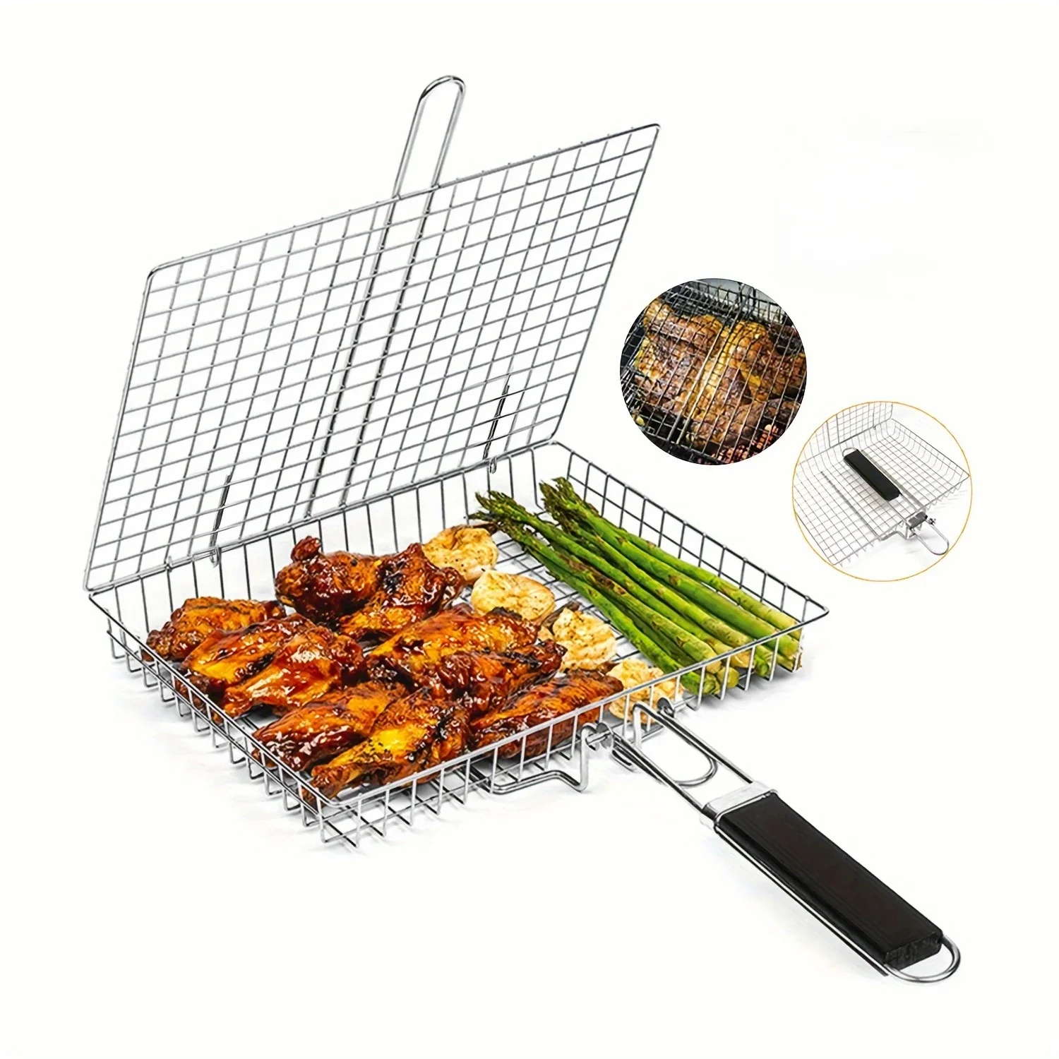 

Outdoor Barbecue Grill Basket BBQ Grill Rectangular Cookware Grill Basket with Foldable Handle Outdoor Camping BBQ Accessories