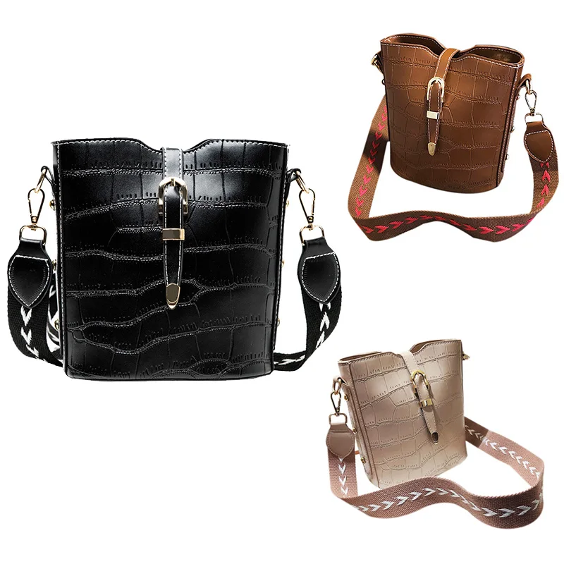 Crocodilo Padrão PU Leather Bucket Bag, Ladies 'Ombro Messenger Bag, bolsa de tecido, dois Belt Purse, senhoras