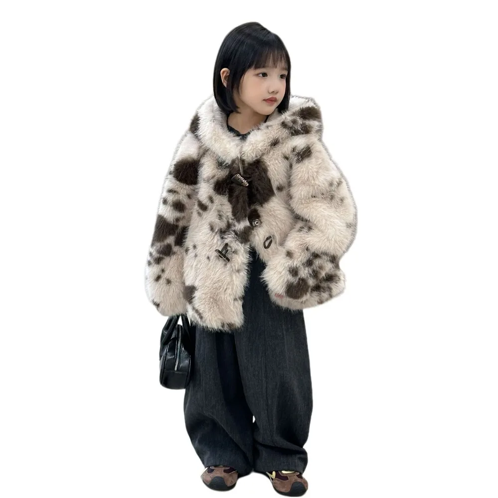 Girls Faux Fur Coat 2026 Winter New Kids Eco Faux Fox Fur Jacket With Hat Big Girls Cow Print Fluffy Outerwear