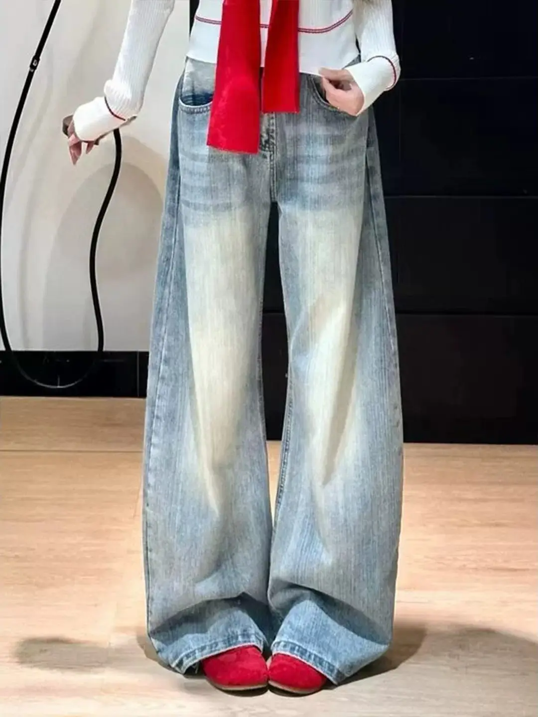 Light Blue Bamboo Knot Pattern Wide Leg Jeans Men Women Autumn Drape Loose Straight Cut Jeans American Style Bell Bottoms