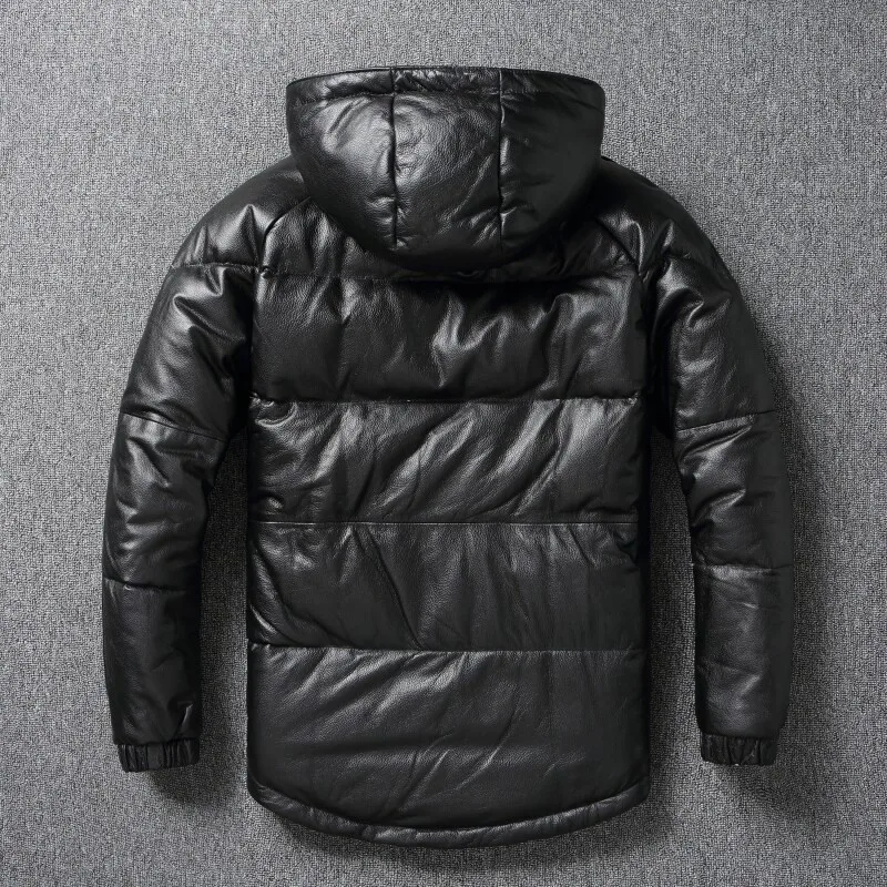 First-Layer Cowhide Down Jacket, Genuine Leather Jacket, Men's Hooded Winter Thickened Warm Large Size Casual Jacket