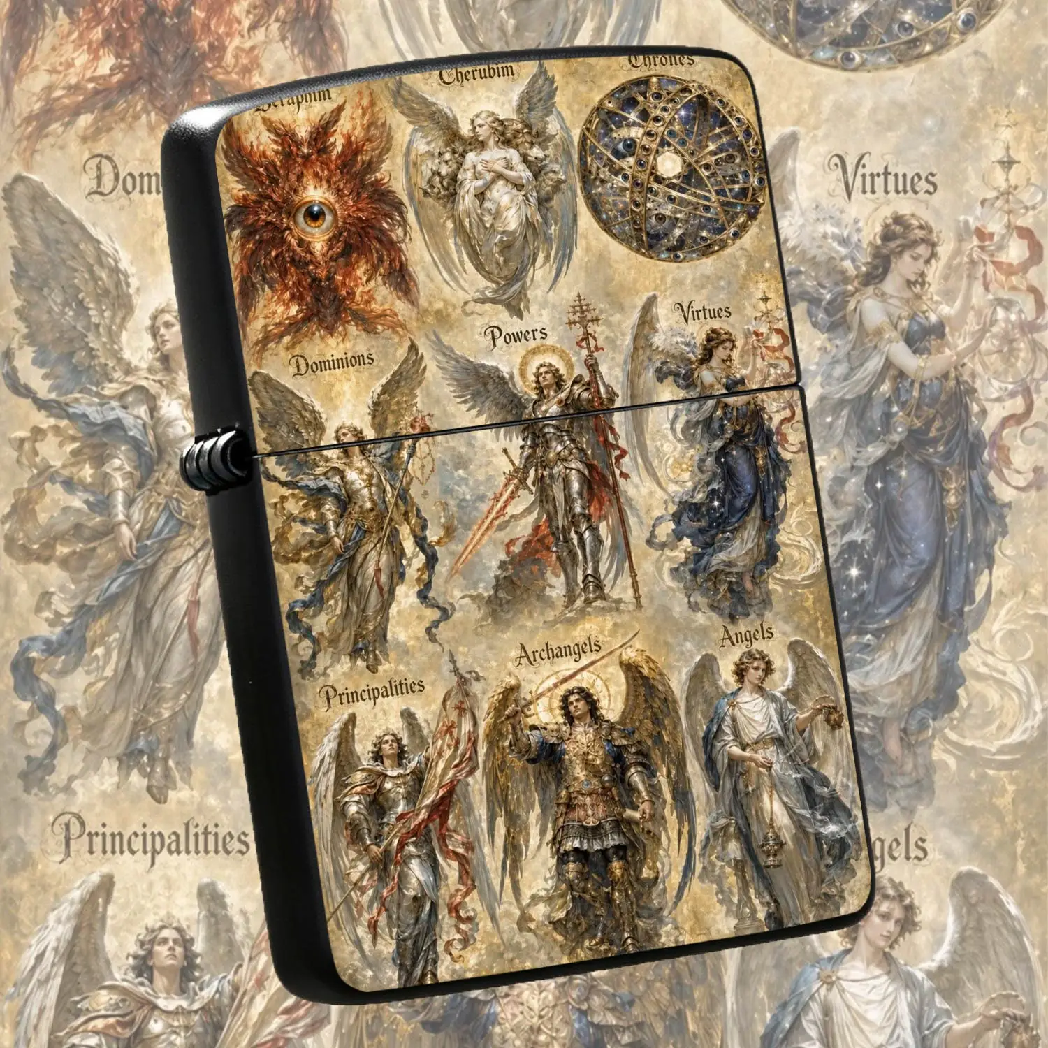 Vintage 9-Choir Angel Hierarchy Art Printed Portable Lighter, Seraphim Cherubim Themed Decor Collectible, Versatile Daily Use Accessory, Exquisite Mythical Style Practical Gift For All Occasions, Aesthetic Retro Keepsake For Art Lovers A Hu