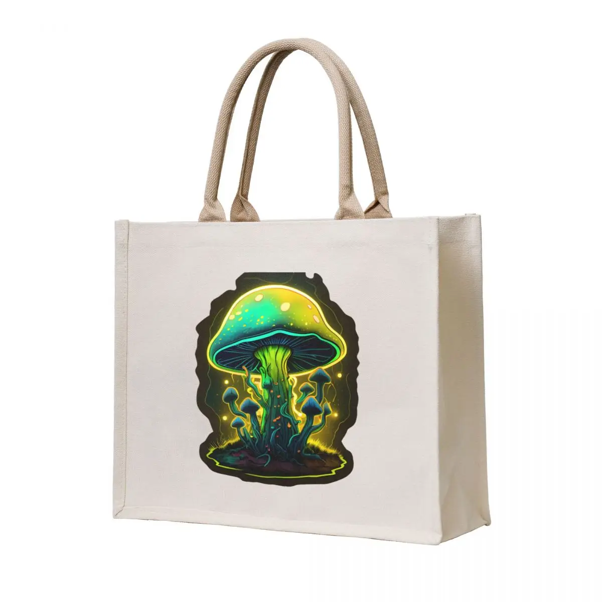 

Psychedelic Neon Mushroom Toadstool in Greens and Oranges Tote Bag Canvas cute tote bag