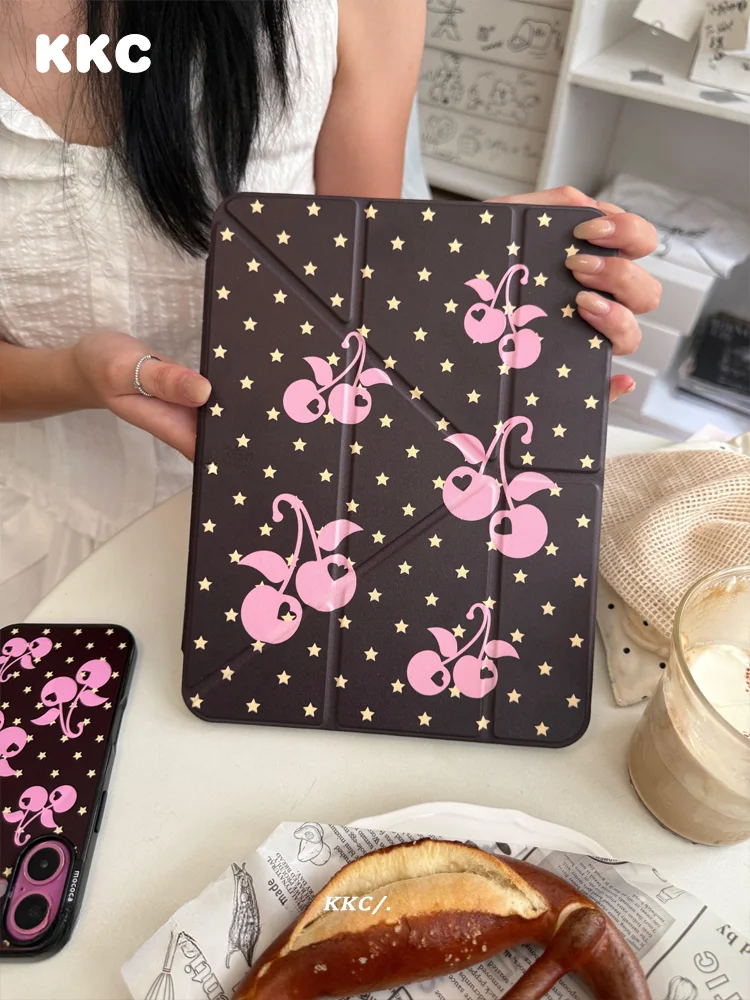 Fashionable Brown Cherry Star Flowers INS Tri-fold Case For Samsung Galaxy Tab A8/A9/A11+FE LITE PLUS/S6 Lite/S7/S8/S9/S10+ FE