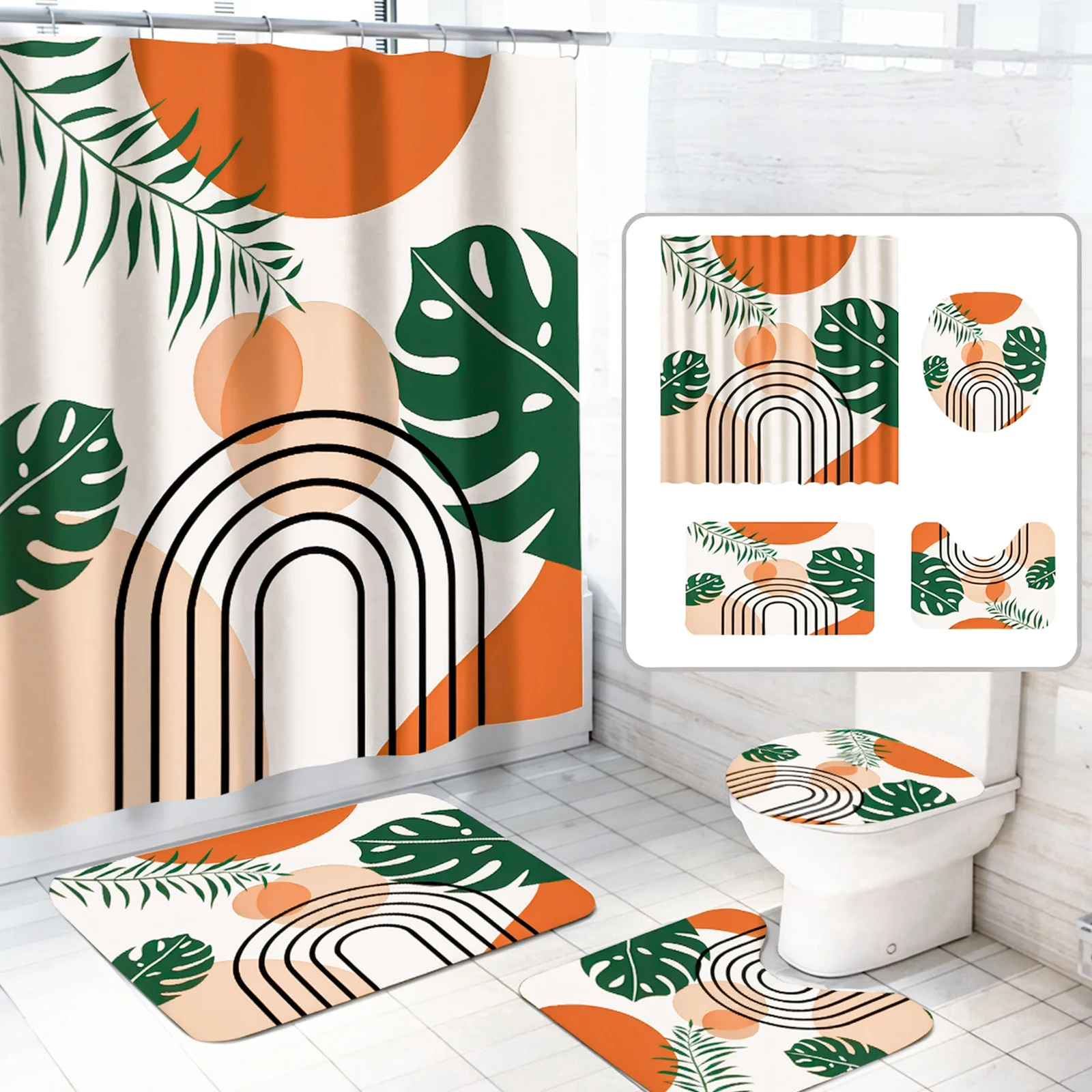Shower Curtain Set Mid Century Curtains Bathroom Set Non-Slip Bohemian Style Set Decor Floor Rug Bath Mats Toilet Lid Cover