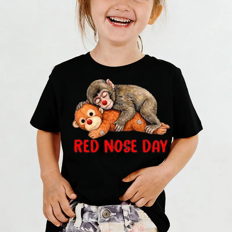 Punch The Monkey Red Nose Day Girls and Boys T Shirt Cute Baby Monkey with Plush Toy Viral Meme Graphic Tee Casual Trendy Tops