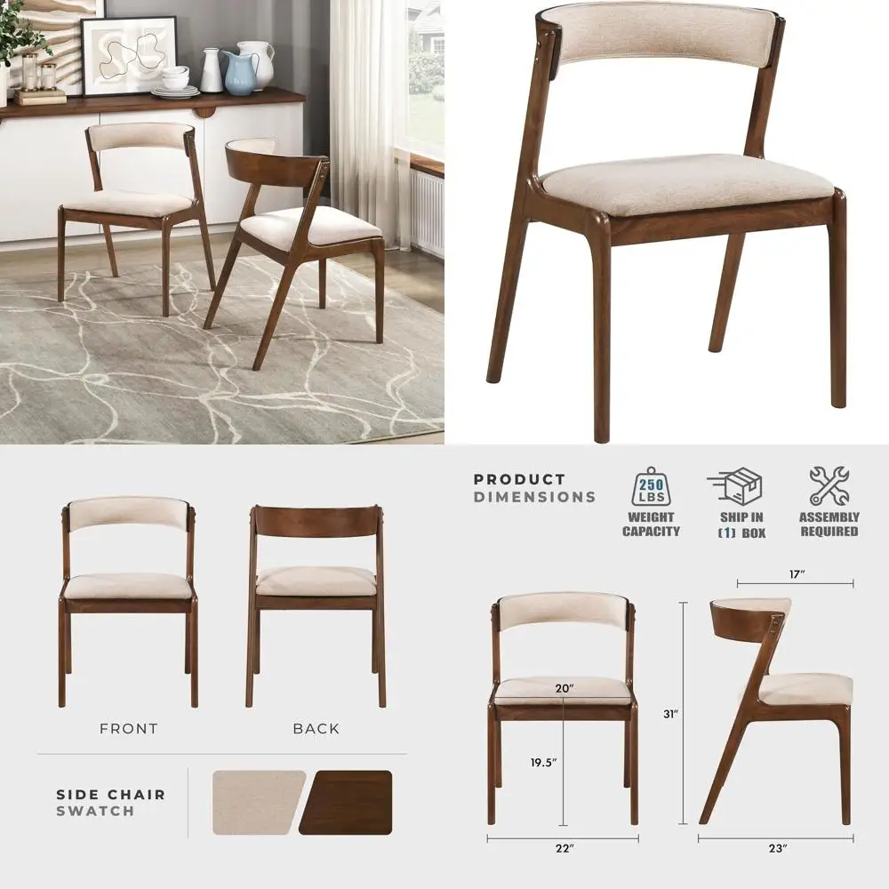 

Обеденные стулья с тканевой обивкой, комплект из 2 шт., изогнутая спинка, подлокотники из каучукового дерева, отделка под орех, простая сборка