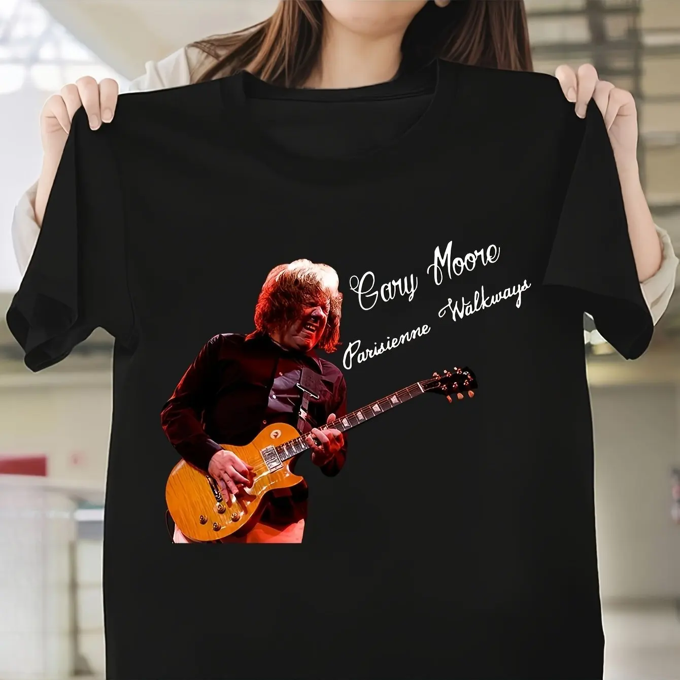 Gary Moore, singer and guitarist, music-themed T-shirt with guitar and signature print, suitable for all seasons and unisex