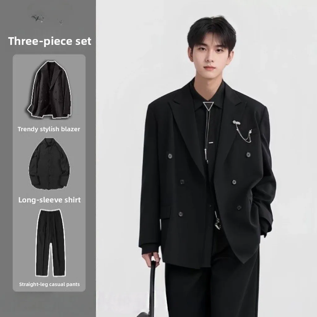 DK Style Men's Double-Breasted Suit Set Loose Fit Wedding Engagement Casual Wear Four Seasons Suitable for Youth Pure Color