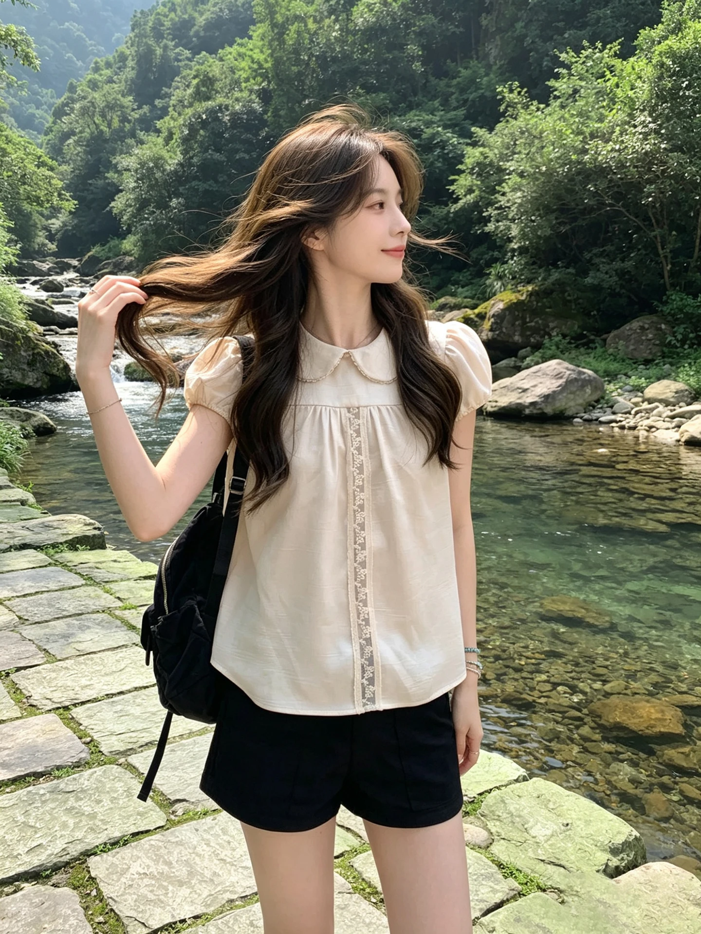 

2026 Summer New Design Doll Collar Lace Trim Short Sleeve Sweet Short Shirt Women's Korean Style Straight Cut Bubble Sleeve