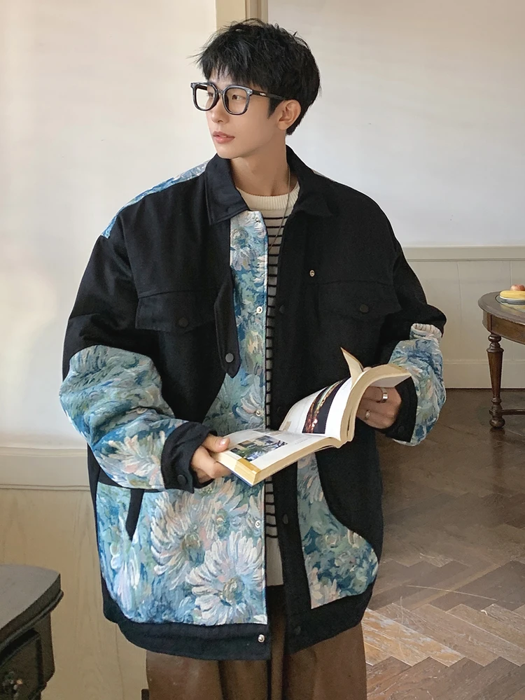 

Daisy Patchwork Workwear Cotton Jaet Loose Casual Men's plus Size Trendy Winter Outerwear Warm Thi Long Sve Zipper