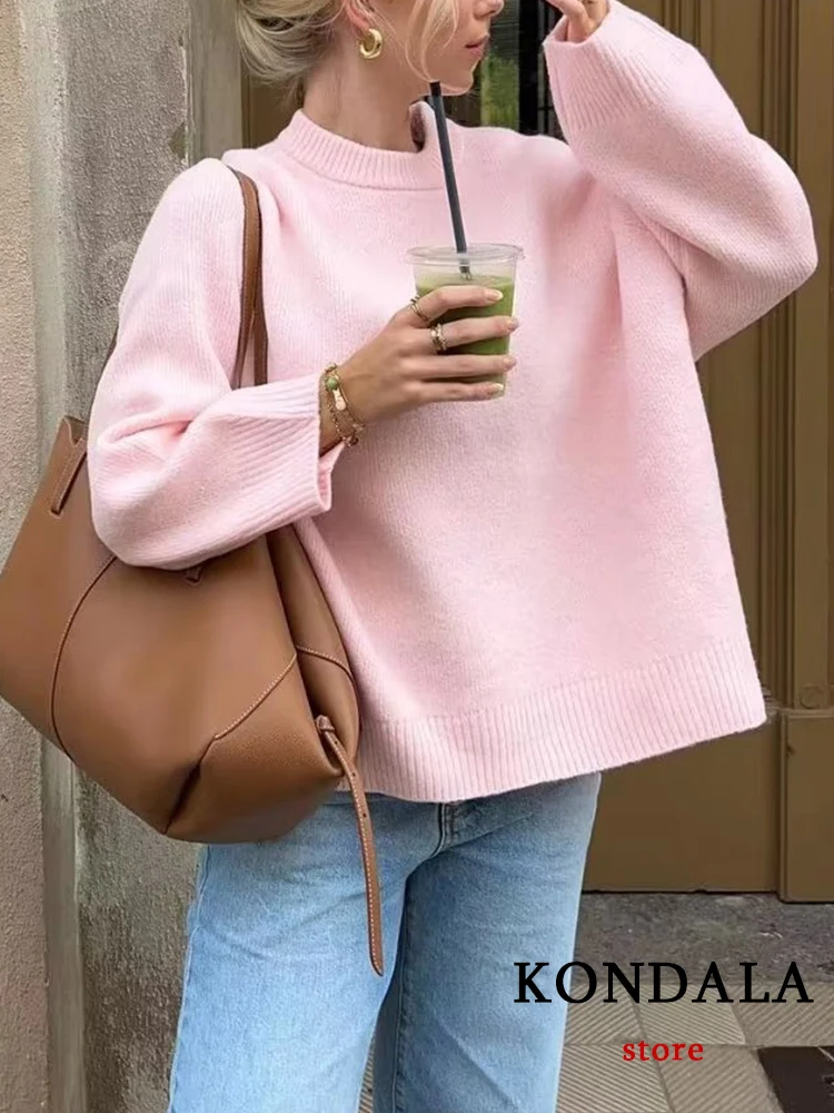 KONDALA Chic Casual Solid Pink Women Knit Sweater O-Neck Long Sleeve Sweetheart Pullover Fashion 2023 Autumn Oversized Basic Top