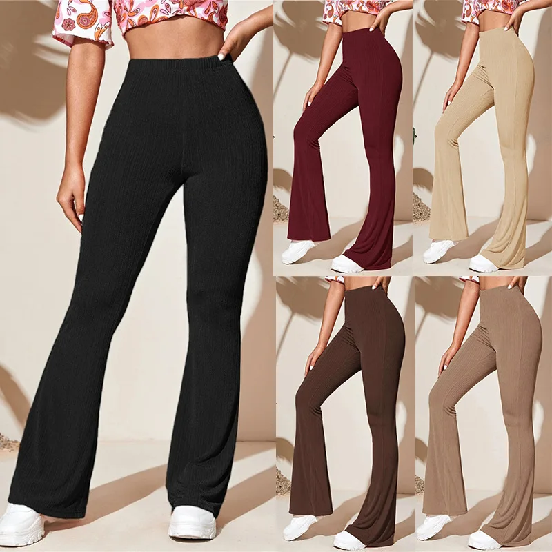 

Summer High Stretch Slim Pants for Women Draping Flared High Waist Yoga Pants Casual Knitted Sports Trousers Black Khaki Brown