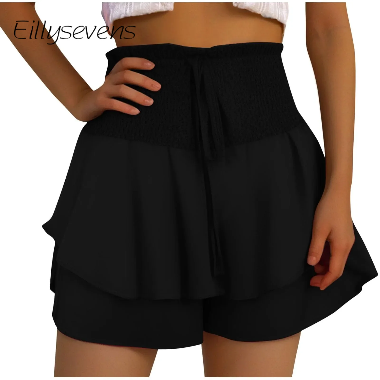 

Women'S Layered Shorts Skirt Design Fashionable High Elastic Waist Shorts Solid Color Drawstring 2024 Summer Casual Shorts