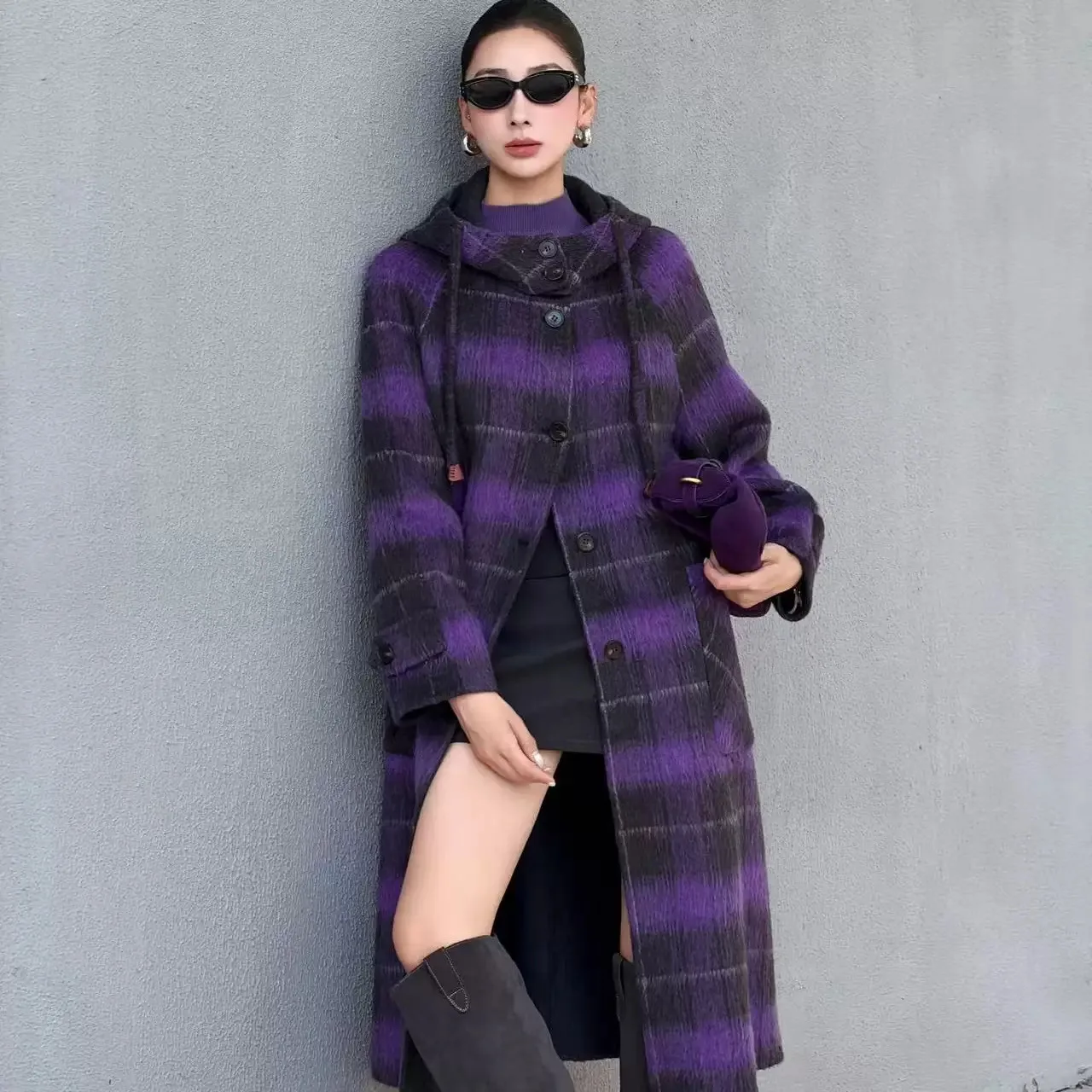 Premium Plaid Hooded Long Hand Sewn Double Faced Wool Coat Woman Korean Style Casual Autumn Winter Slim Luxury Woolen Outerwear