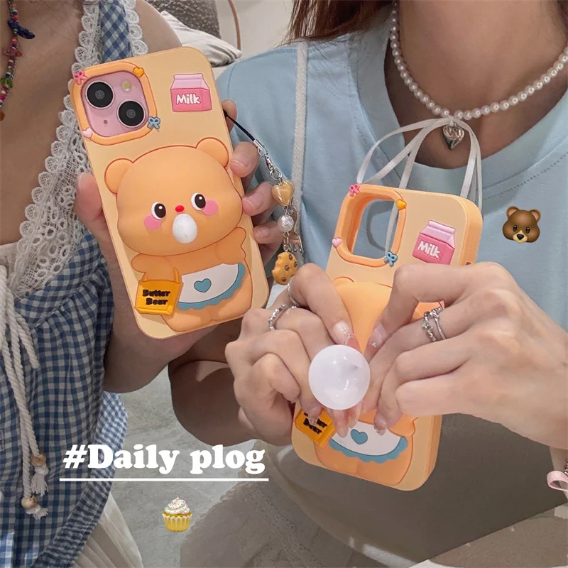 Cartoon bear Soft silicone 3D Phone Case For iphone 15 14 Plus 12 13 Pro Max 11 dynamic blow bubbles cute cover+Fashion pendant