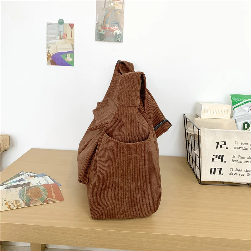 Large Capacity Corduroy Shoulder Bags Korea Style Cloth Tool Kit Bags Solid Simple Black Big Messenger Bags Fabric Packages