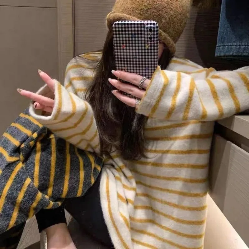 Women Korean Striped Long T Shirt Brushed Crew Neck Loose Lazy Style Cover Belly Casual Base Top M4XL