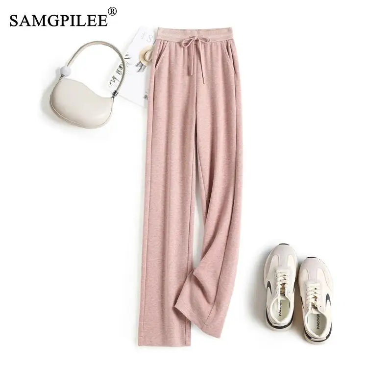 

2023 New Autumn Winter Woolen Women's Pants Thickened Commuting Wide Leg Trouse Elastic Waist Pit Pattern Fashion Woman Clothing