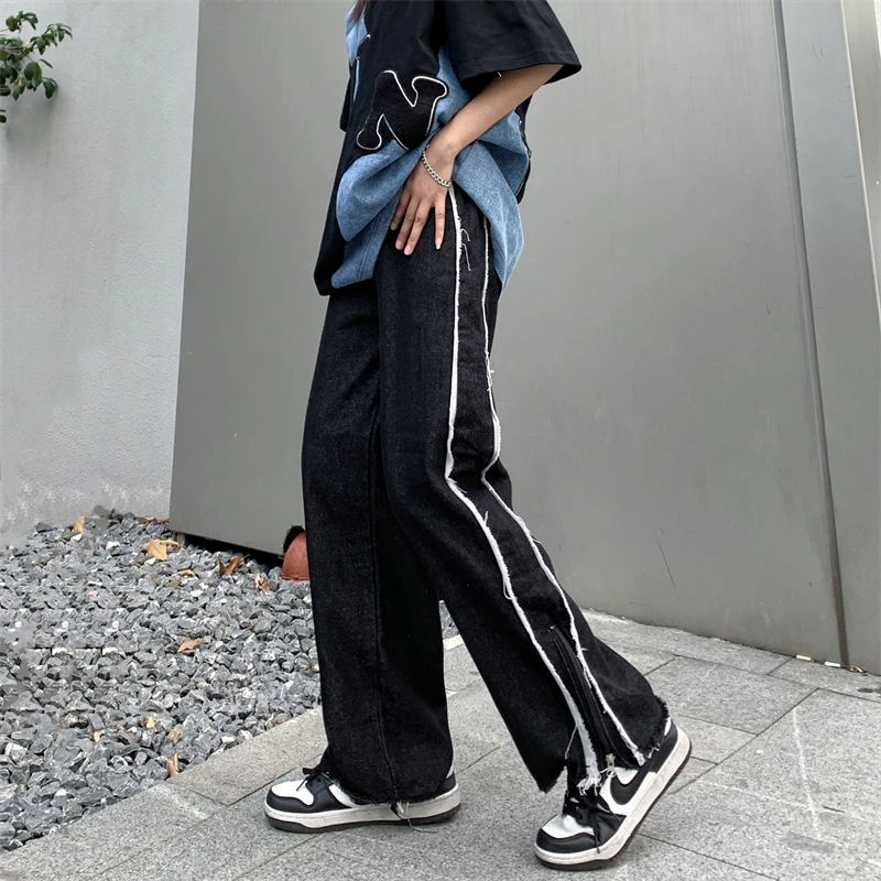 Streetwear Black Ruffled Jeans Women Fashion Hip Hop High Waist Loose Side Zipper Maxi Wide Leg Pants S-3XL