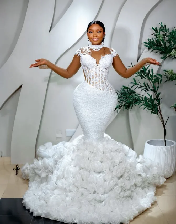 White Long Floral Elegant Wedding Dresses High Neck Beaded Fishtail Customized Floor Length Bridal Gowns for Black Girls