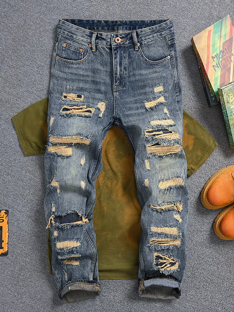 Men's American Vintage Heavyweight Jeans, Washed Hand-Stitched Patch & Ripped Design, Loose Straight Fashion Denim Pants