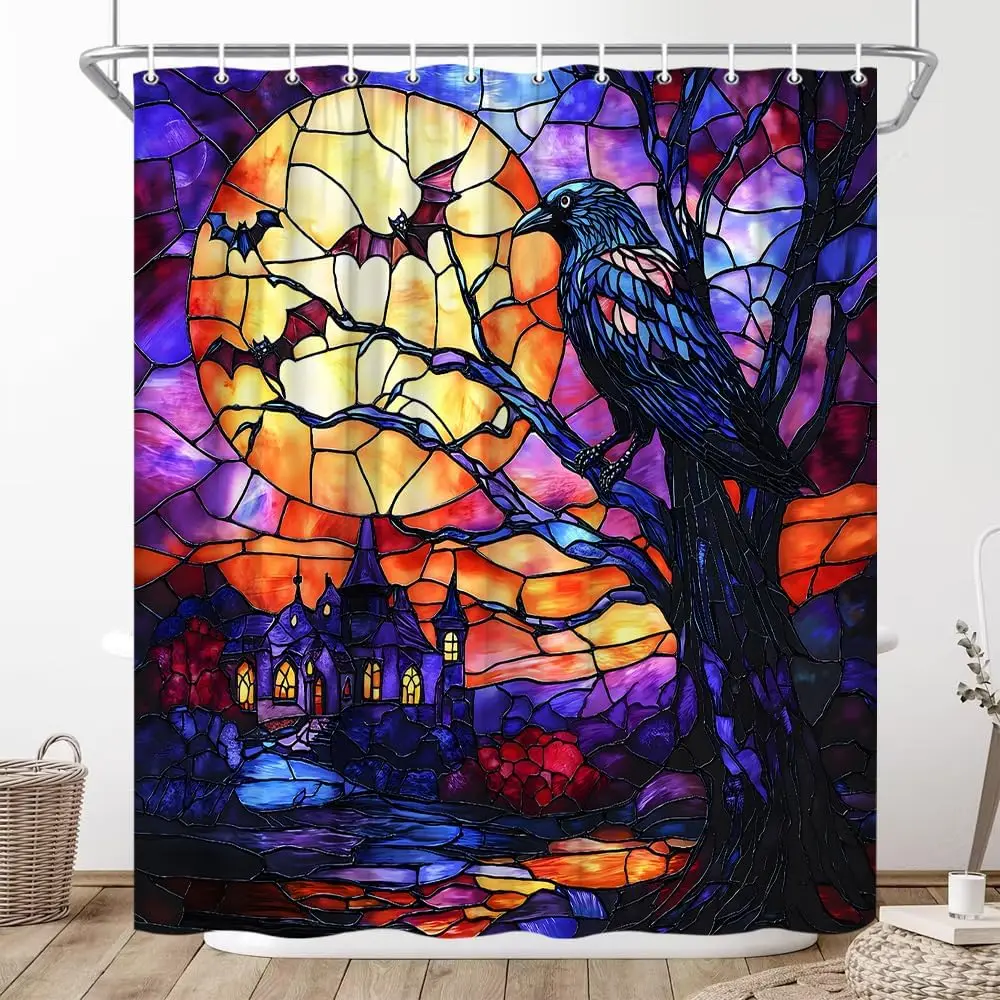 

Хэллоуин Ворона Занавеска Для Душа Витражи Ворон Страшный Полная Луна Ночь Черная Летучая Мышь Жуткая Осень Дикие Животные Красочная Ванная Комната