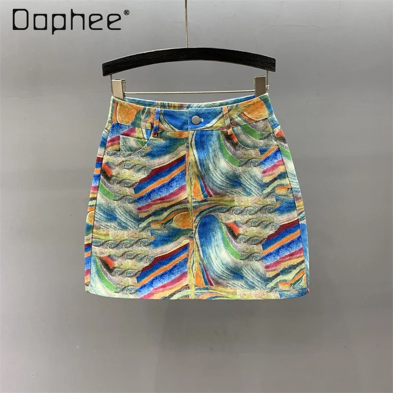 

Fashion Spice Girl Y2K High-waisted Denim Skirt Women Summer New Commuter Style Versatile A-line Skirt Retro Printed Mini Skirt