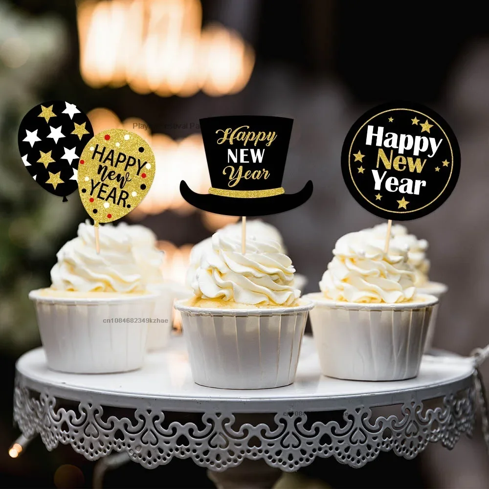 Hello 2025 Happy New Year Cake Topper Cheers Star Balloon Hat Flags for Christmas Kids Party Cake Baking Xmas Decor Supplies Diy