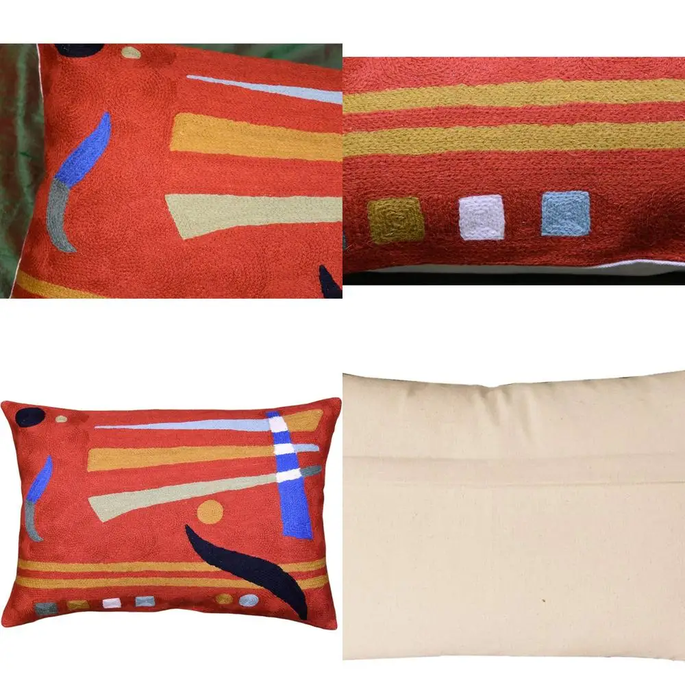 

Modern Abstract Orange Pillow Cover, Kandinsky Inspired, Hand-Embroidered Wool, 14x20 for Sofa or Chair