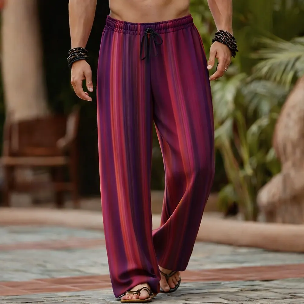 Men's 3D Geometric Striped Gradient Casual Pants, Baggy Mid Waist, Elastic Drawstring Waist, Spring Summer