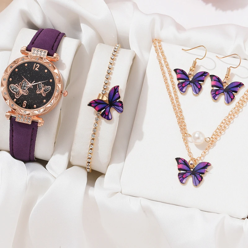 Female Clock Butterfly Dial Watches for Women 5pcs Set Women Quartz Watch Luxury Brand Design Simple Ladies Wristwatch Earrings