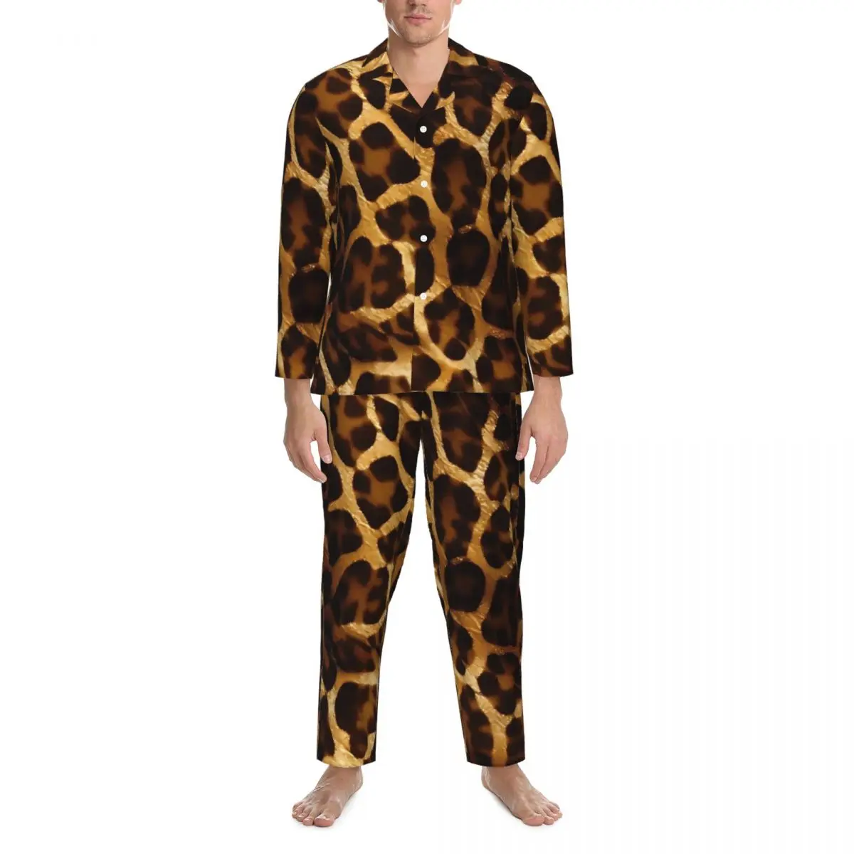 Gouden Giraffe Print Kunstwerk Pyjama Sets Kawaii Nachtkleding Mannen Lange Mouw Casual Dagelijks 2-delig Nachtkleding Plus Size 2XL