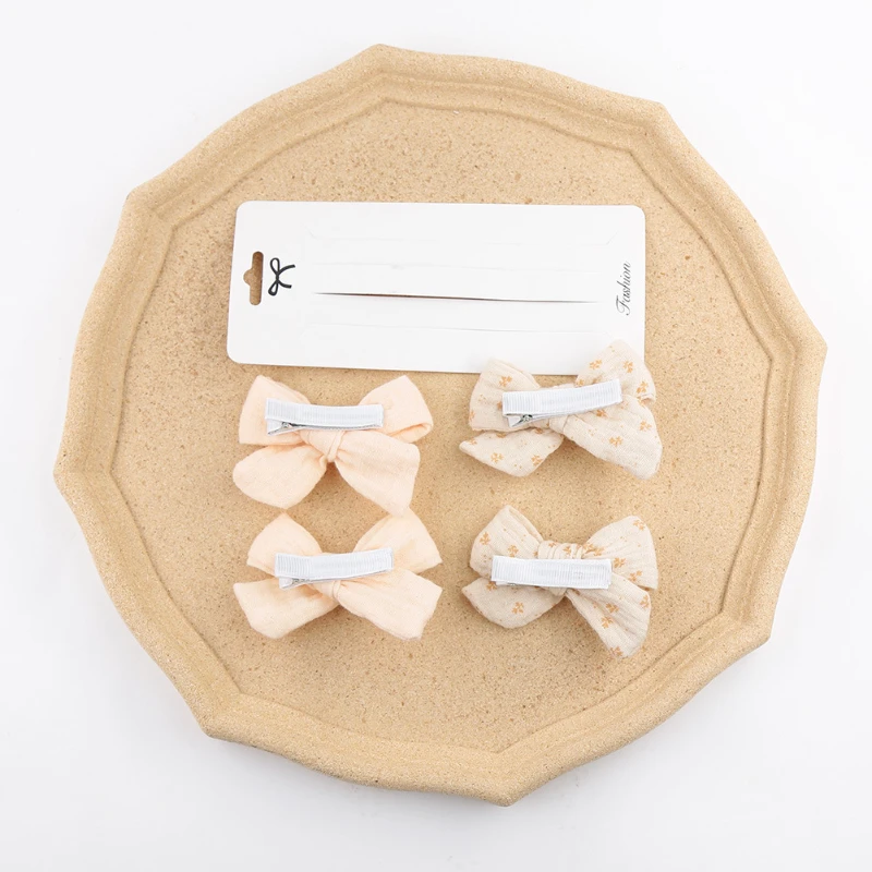 4Pcs/Set Baby Bows Hair Clips Muslin Girls Hairpins Hairclip For Kids Cotton Linen Barrette Flower Print Side Pin Accessories