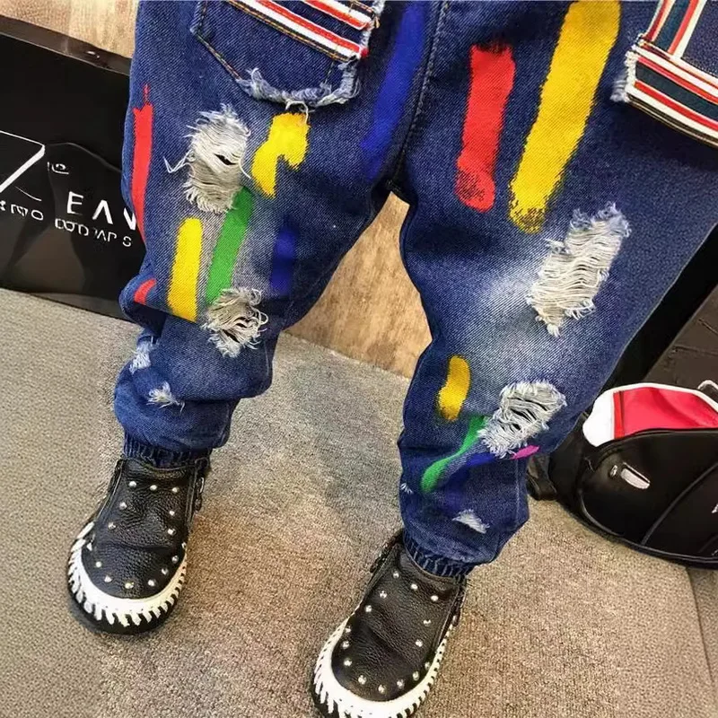 Graffiti Hole Jeans Baby Boys Jeans Kids Pants Casual Pants Spring Autumn Kids Trousers Navy Blue Fashion Baby Clothing (B1123