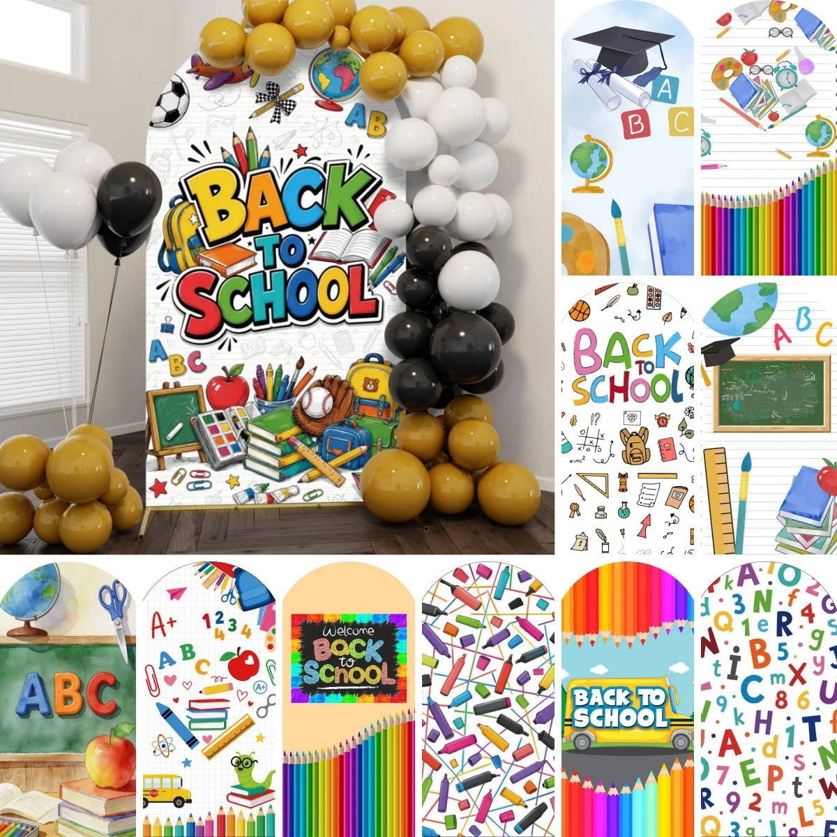 Back To School Arch Backdrop Cover Learning Tools Drawing Pen Graffiti Students Portrait Party Spandex Elastic Arched Background
