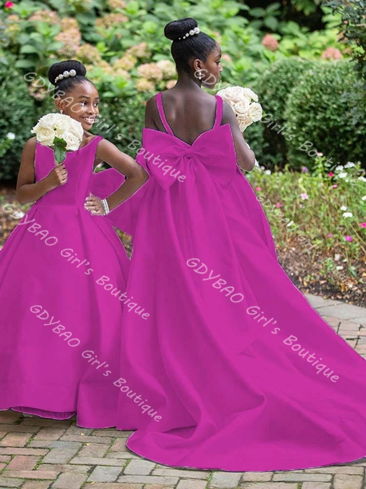 Vestidos blancos de flores para niña para boda, vestido de primera comunión con tirantes para niños de 2 a 14 años, vestido largo personalizado para fiesta de desfile con cola de lazo