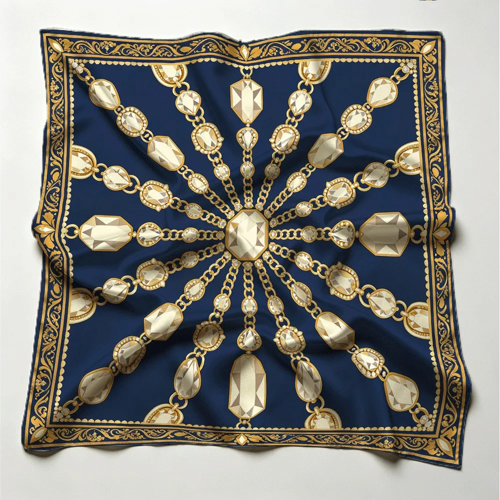 Golden Gem Chain Luxury Silk Scarf Women Border Print Square Scarf, Stylish Multi-use Accessory Gift